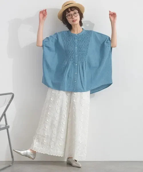 日本直送En Avant淺藍色印度棉刺繡繭型上衣展示。