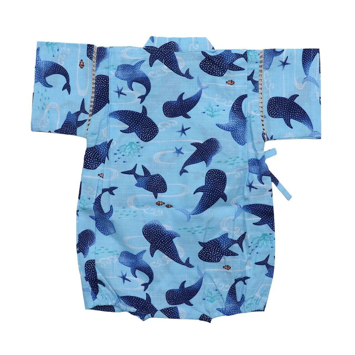 日本直送東商店嬰兒深藍色鯨鯊和服浴衣連身衣展示。