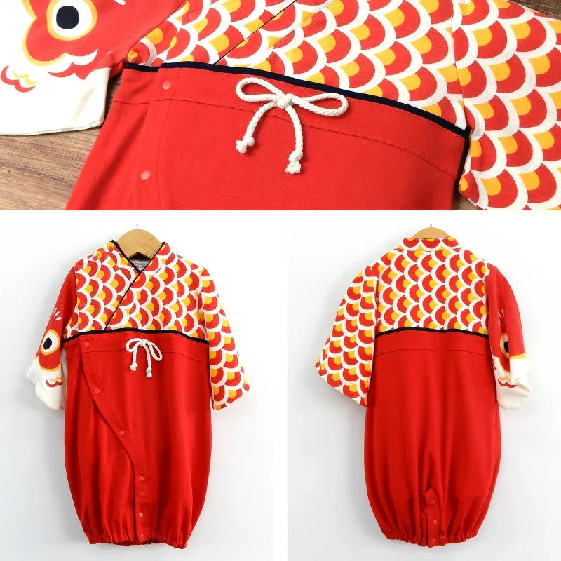 日本直送Chil2紅色鯉魚圖案和服造型嬰兒連身衣。