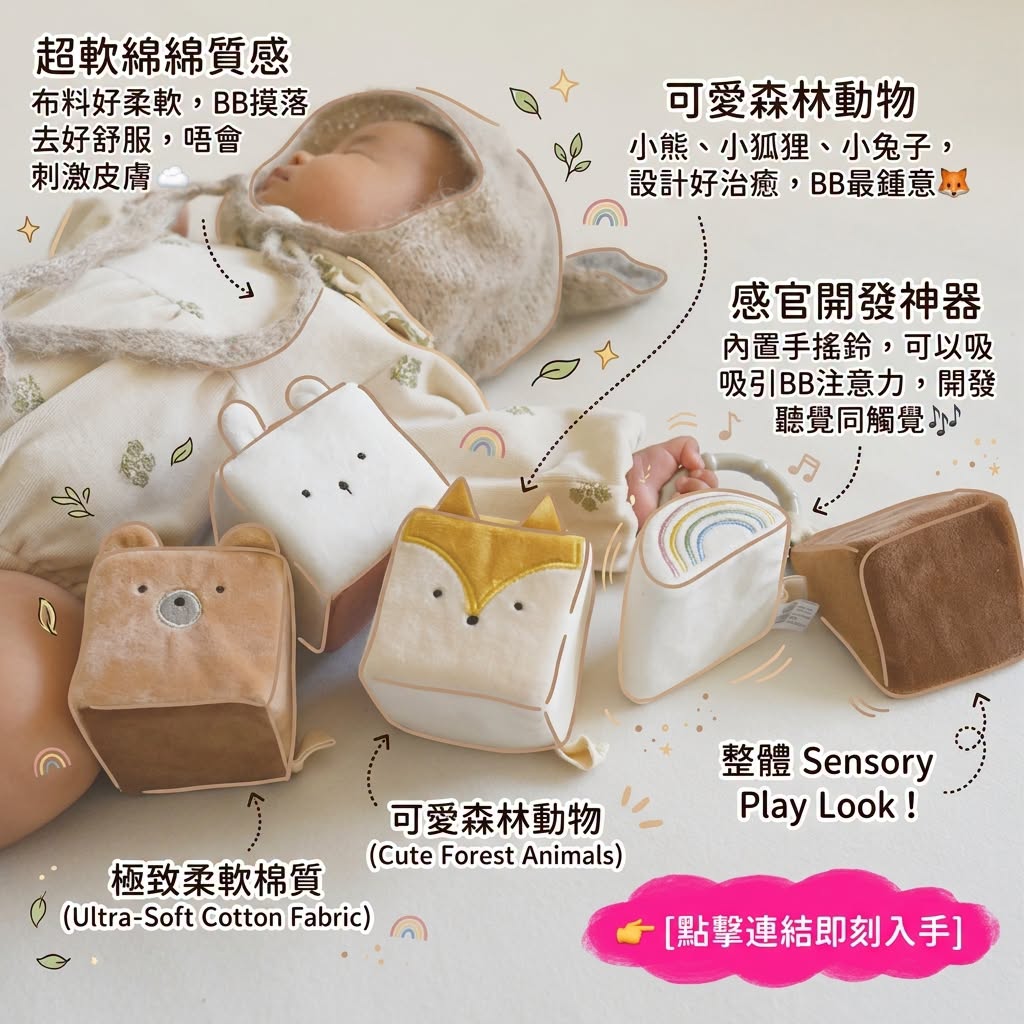Amanoppo 嬰兒森林動物柔棉布積木組手搖鈴
