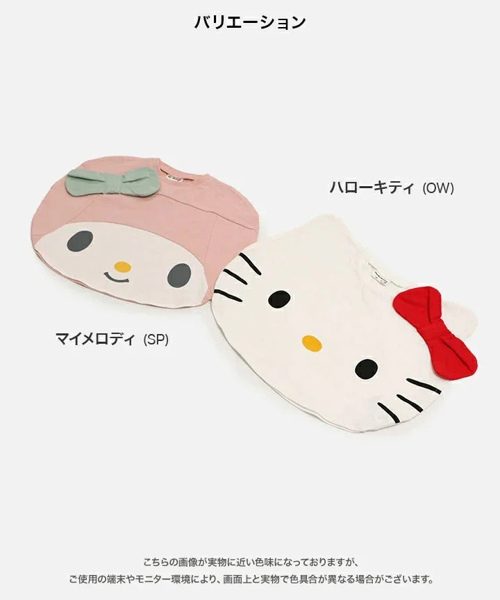 粉紅色女童 T 恤，印有立體緞帶設計的 Kitty 與 My Melody 角色圖案。