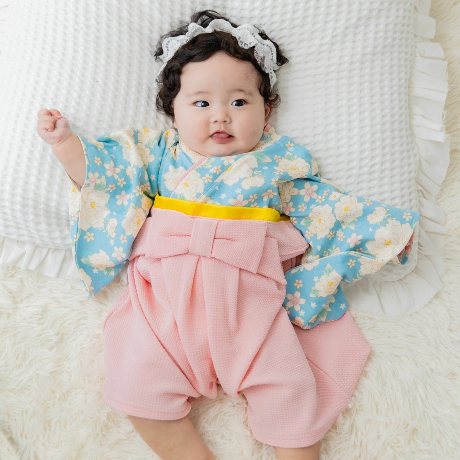 [現貨] 日本直送 Chil2 嬰兒粉紅牡丹圖案和服造型連身衣/BB衫 (60-80cm) - BB Dressup