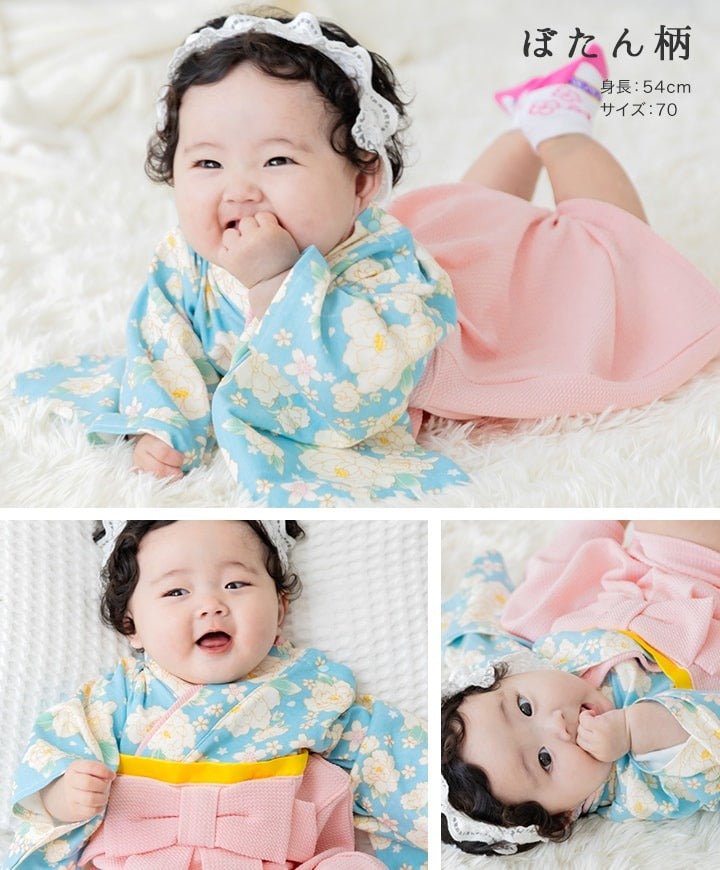 [現貨] 日本直送 Chil2 嬰兒粉紅牡丹圖案和服造型連身衣/BB衫 (60-80cm) - BB Dressup