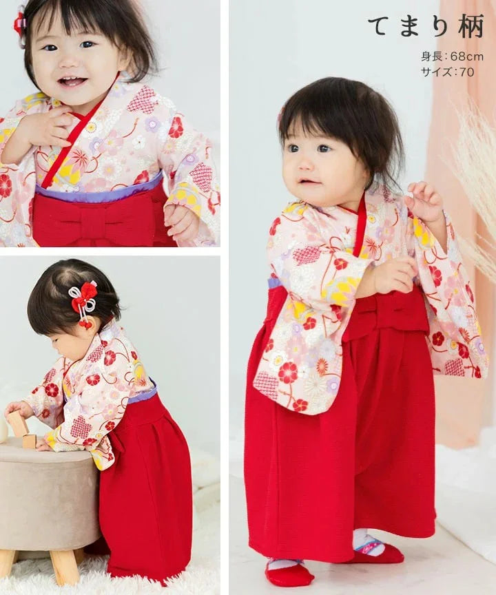 [現貨] 日本直送 Chil2 嬰兒紅色手鞠圖案和服造型連身衣/BB衫 (60-80cm) - BB Dressup