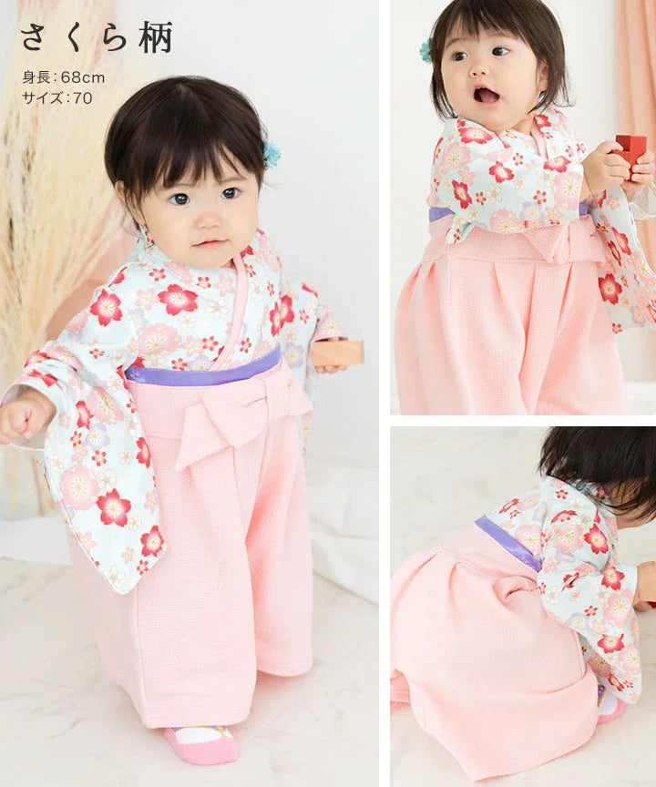 [現貨] 日本直送 Chil2 嬰兒粉紅櫻花圖案和服造型連身衣/BB衫 (60-80cm) - BB Dressup