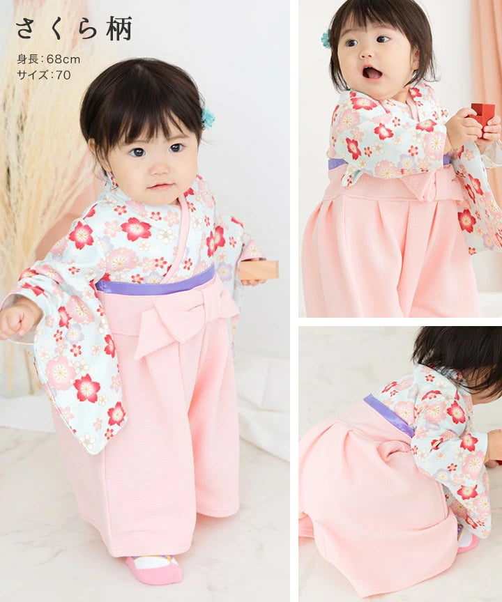 [現貨] 日本直送 Chil2 嬰兒粉紅櫻花圖案和服造型連身衣/BB衫 (60-80cm) - BB Dressup