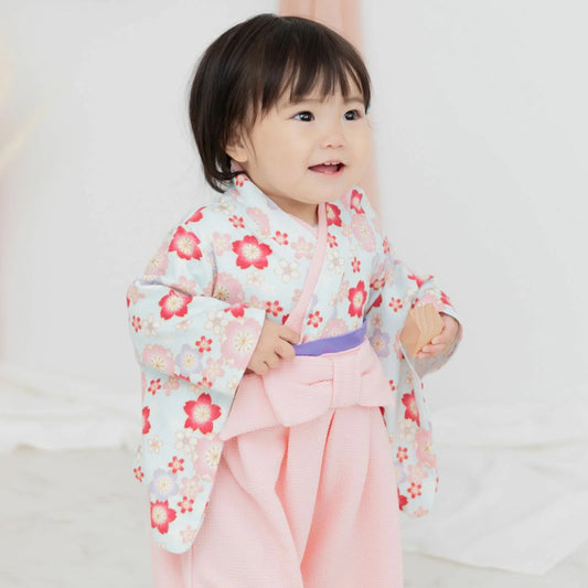 [現貨] 日本直送 Chil2 嬰兒粉紅櫻花圖案和服造型連身衣/BB衫 (60-80cm) - BB Dressup