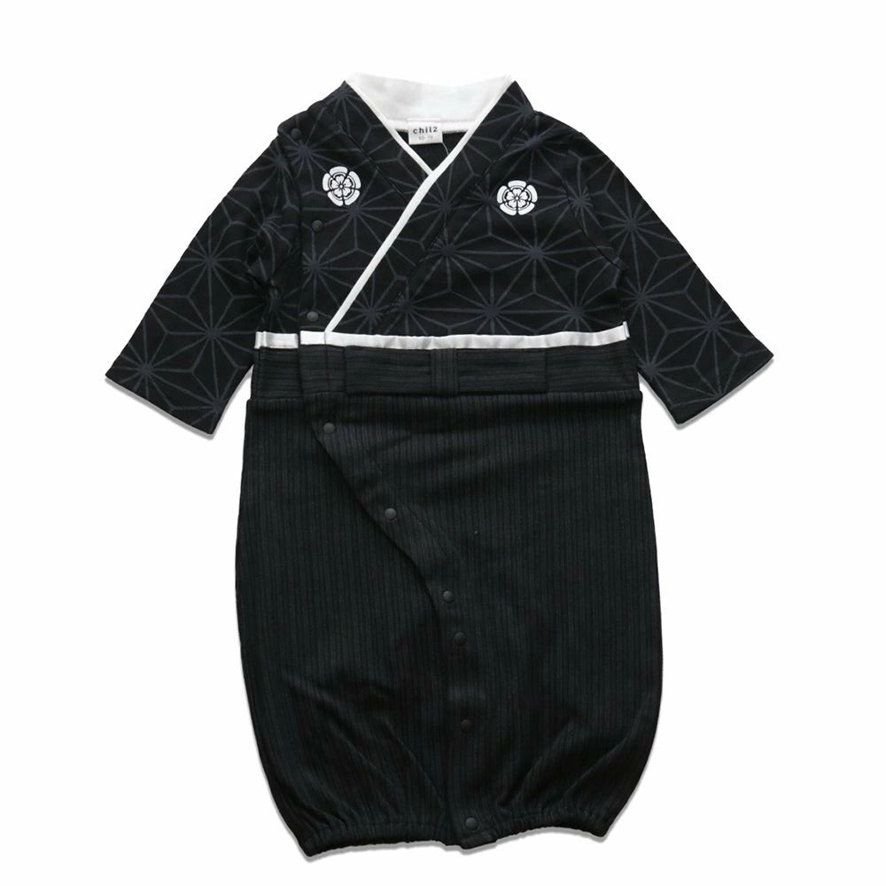 [現貨] 日本直送 Chil2 初生嬰兒黑麻葉和服造型連身衣/BB衫 (50-70cm) - BB Dressup