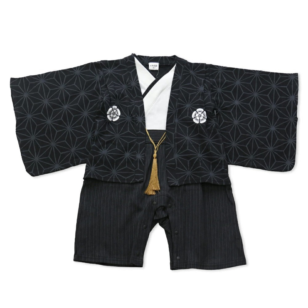 [現貨] 日本直送 Chil2 嬰兒黑麻葉和服造型連身衣/BB衫 (70-80cm) - BB Dressup