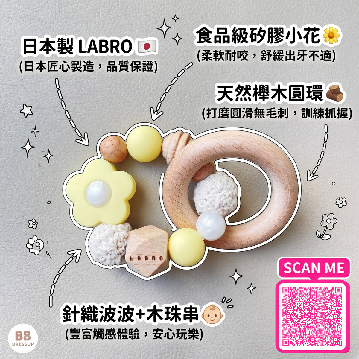 日本Labro-嬰兒出牙玩具-天然山毛櫸小木星與圓潤邊角特寫