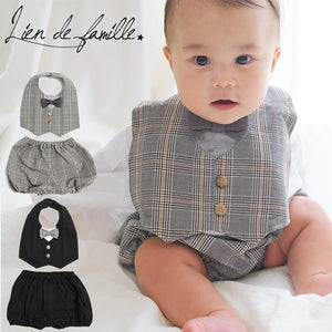 [現貨] 日本直送 Lien De Famille煲呔造型灰格仔禮服嬰兒口水肩/圍兜 - BB Dressup