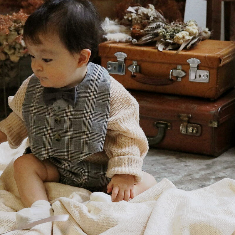 [現貨] 日本直送 Lien De Famille煲呔造型灰格仔禮服嬰兒口水肩/圍兜 - BB Dressup