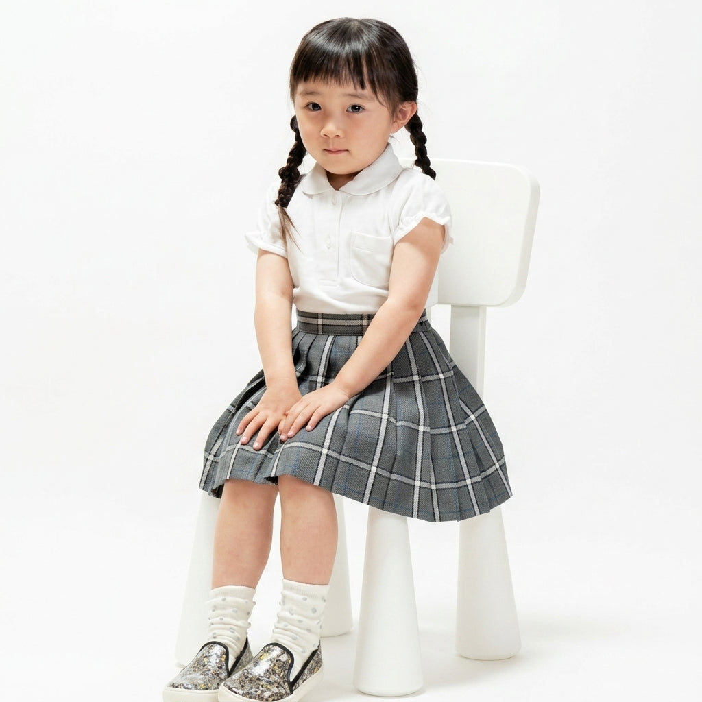 日本製 松永株式會社 女童手高品質灰色先染格子百褶裙