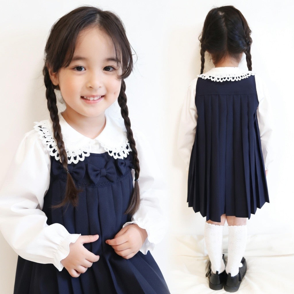 [現貨] 日本直送松永株式會社 女童裝藍色蝴蝶結連身百褶裙 (100-130cm) - BB Dressup