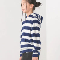 [現貨] 日本直送 OMNES 女童裝藍白橫間抓絨帶帽衛衣 (100-130cm) - BB Dressup