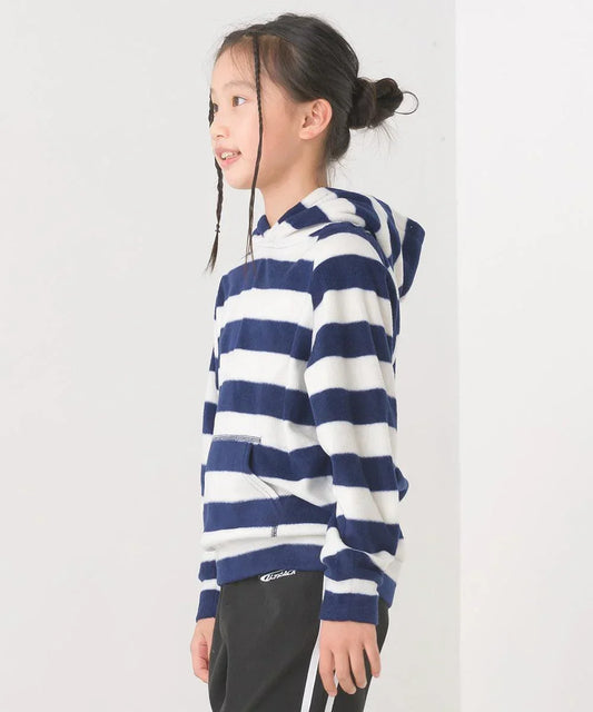 [現貨] 日本直送 OMNES 女童裝藍白橫間抓絨帶帽衛衣 (100-130cm) - BB Dressup