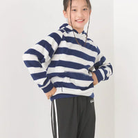 [現貨] 日本直送 OMNES 女童裝藍白橫間抓絨帶帽衛衣 (100-130cm) - BB Dressup
