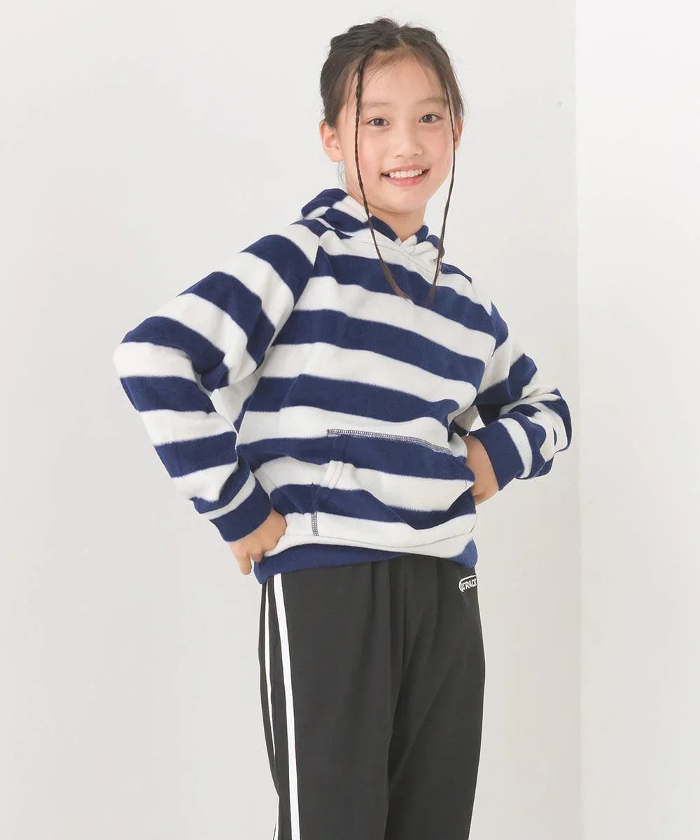 [現貨] 日本直送 OMNES 女童裝藍白橫間抓絨帶帽衛衣 (100-130cm) - BB Dressup