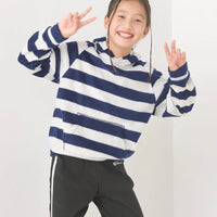 [現貨] 日本直送 OMNES 女童裝藍白橫間抓絨帶帽衛衣 (100-130cm) - BB Dressup