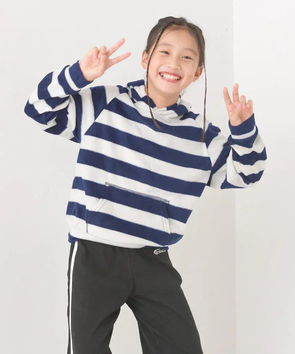 [現貨] 日本直送 OMNES 女童裝藍白橫間抓絨帶帽衛衣 (100-130cm) - BB Dressup