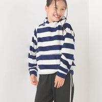 [現貨] 日本直送 OMNES 女童裝藍白橫間抓絨帶帽衛衣 (100-130cm) - BB Dressup