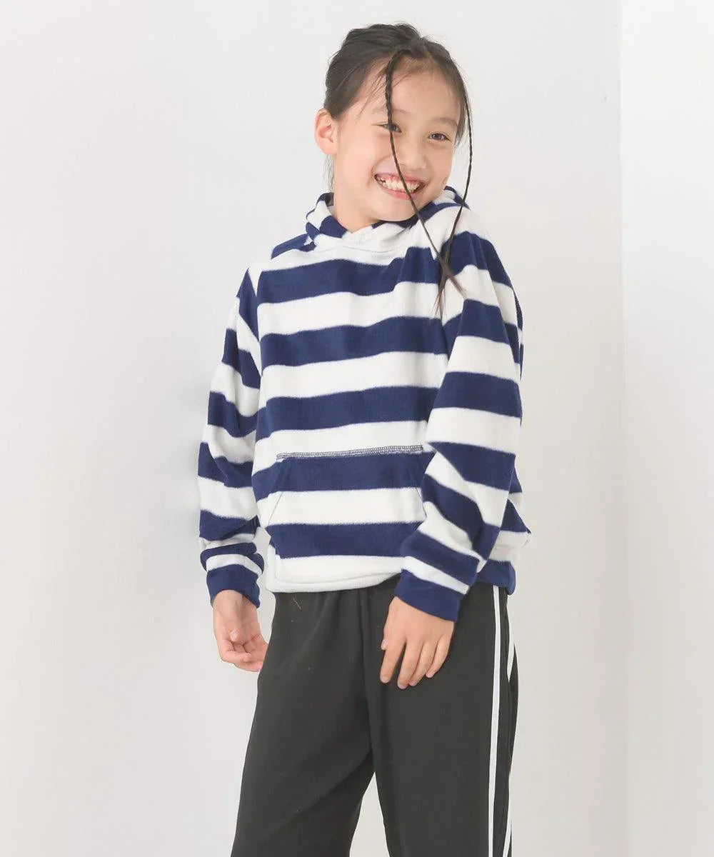 [現貨] 日本直送 OMNES 女童裝藍白橫間抓絨帶帽衛衣 (100-130cm) - BB Dressup