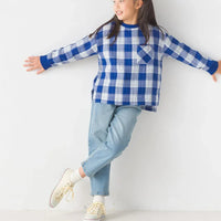 [現貨] 日本直送 OMNES 童裝藍白格仔雙層紗布長袖上衣 (100-130cm) - BB Dressup