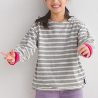 [現貨] 日本直送 OMNES 女童裝灰白橫間抓絨內裡長袖上衣 (100-130cm) - BB Dressup