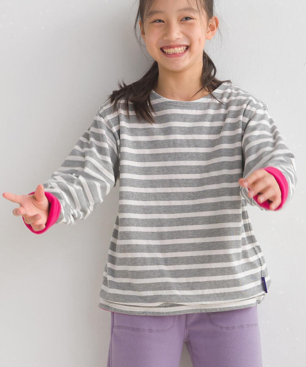 [現貨] 日本直送 OMNES 女童裝灰白橫間抓絨內裡長袖上衣 (100-130cm) - BB Dressup