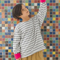 [現貨] 日本直送 OMNES 女童裝灰白橫間抓絨內裡長袖上衣 (100-130cm) - BB Dressup