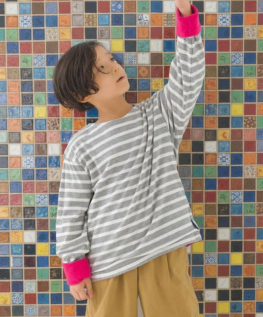 [現貨] 日本直送 OMNES 女童裝灰白橫間抓絨內裡長袖上衣 (100-130cm) - BB Dressup
