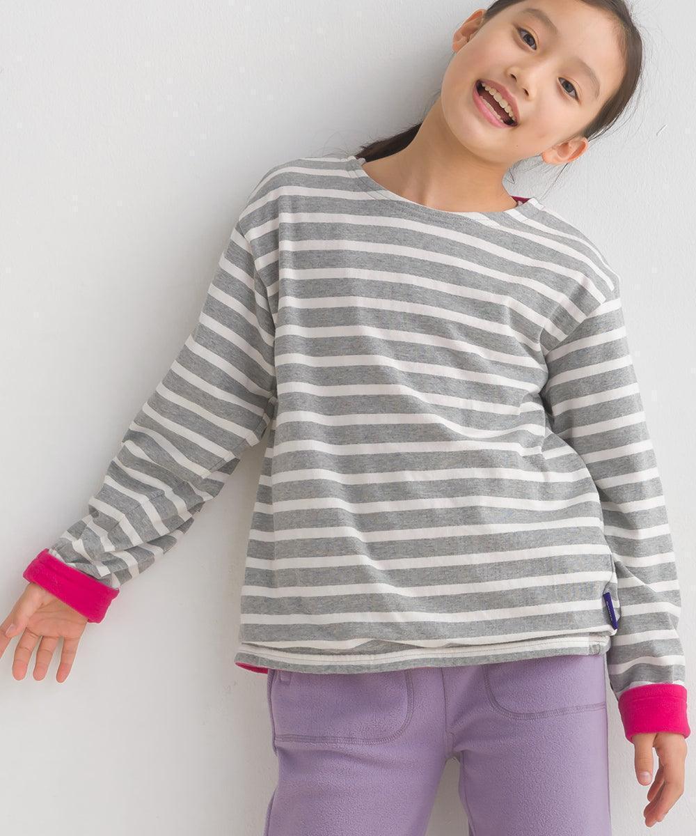 [現貨] 日本直送 OMNES 女童裝灰白橫間抓絨內裡長袖上衣 (100-130cm) - BB Dressup