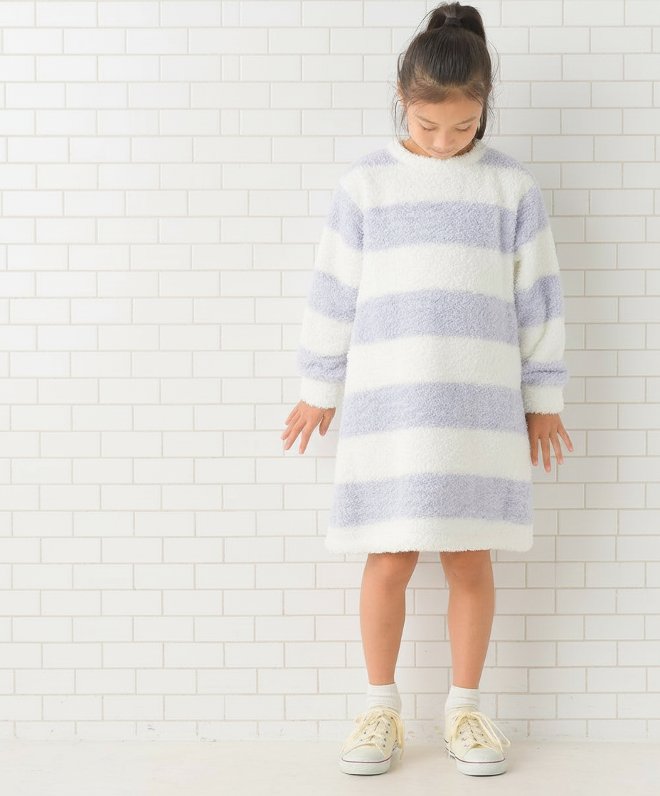 [現貨] 日本直送 OMNES 童裝粉藍白橫間毛毛長袖家居服(連身裙) 100-130cm - BB Dressup