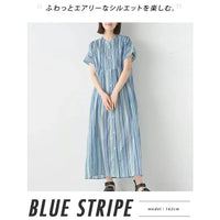 [現貨] 日本直送 OMNES 成人棉質藍色直紋短袖連身裙 - BB Dressup