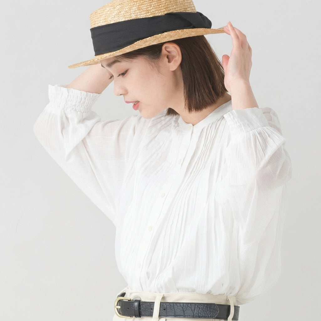 日本直送 OMNES 成人棉質白色棉質巴里紗細褶襯衫