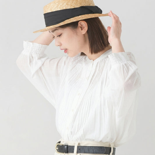 日本直送 OMNES 成人棉質白色棉質巴里紗細褶襯衫