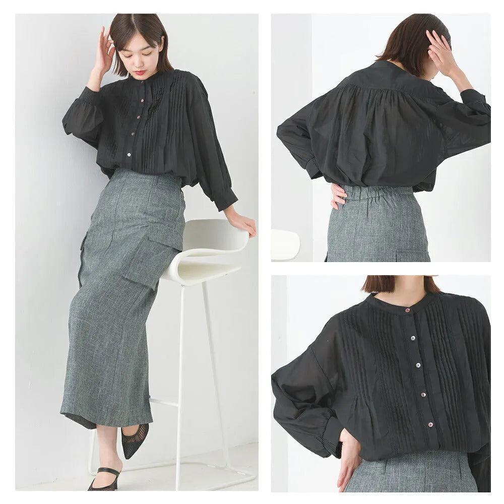[現貨] 日本直送 OMNES 成人棉質黑色棉質巴里紗細褶襯衫 - BB Dressup