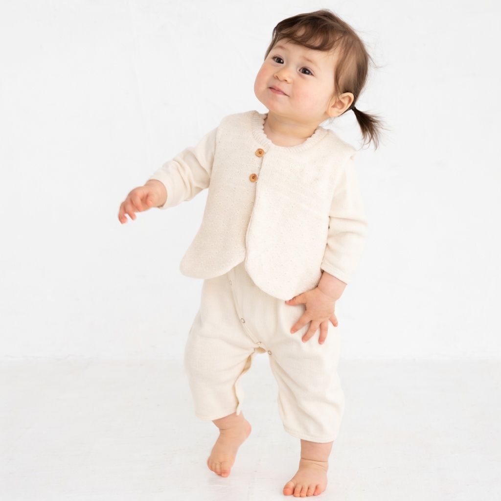 [現貨] 日本製 POMPKINS 白色有機棉嬰兒針織背心 (60-80cm) - BB Dressup