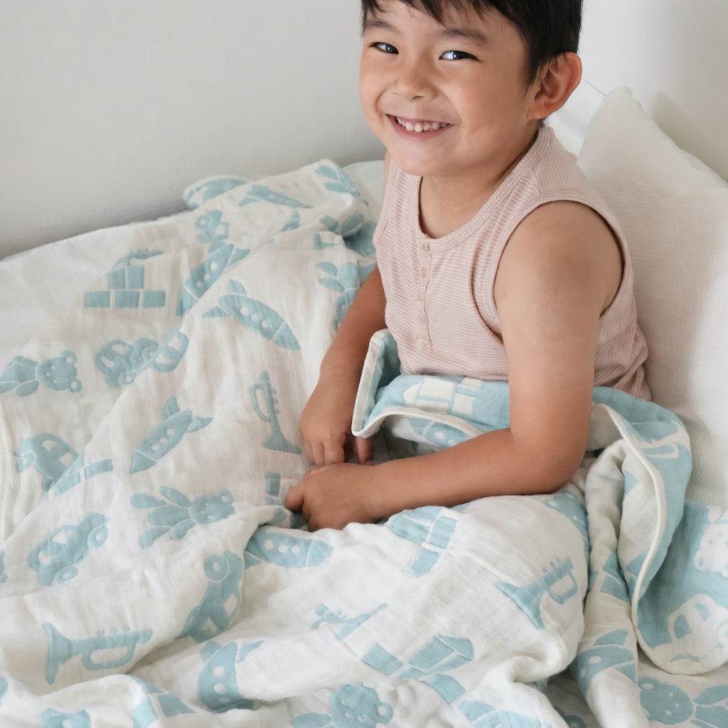 [現貨] 日本製藤原織布粉藍色Baby Bear六層梭織布嬰兒被(M) - BB Dressup