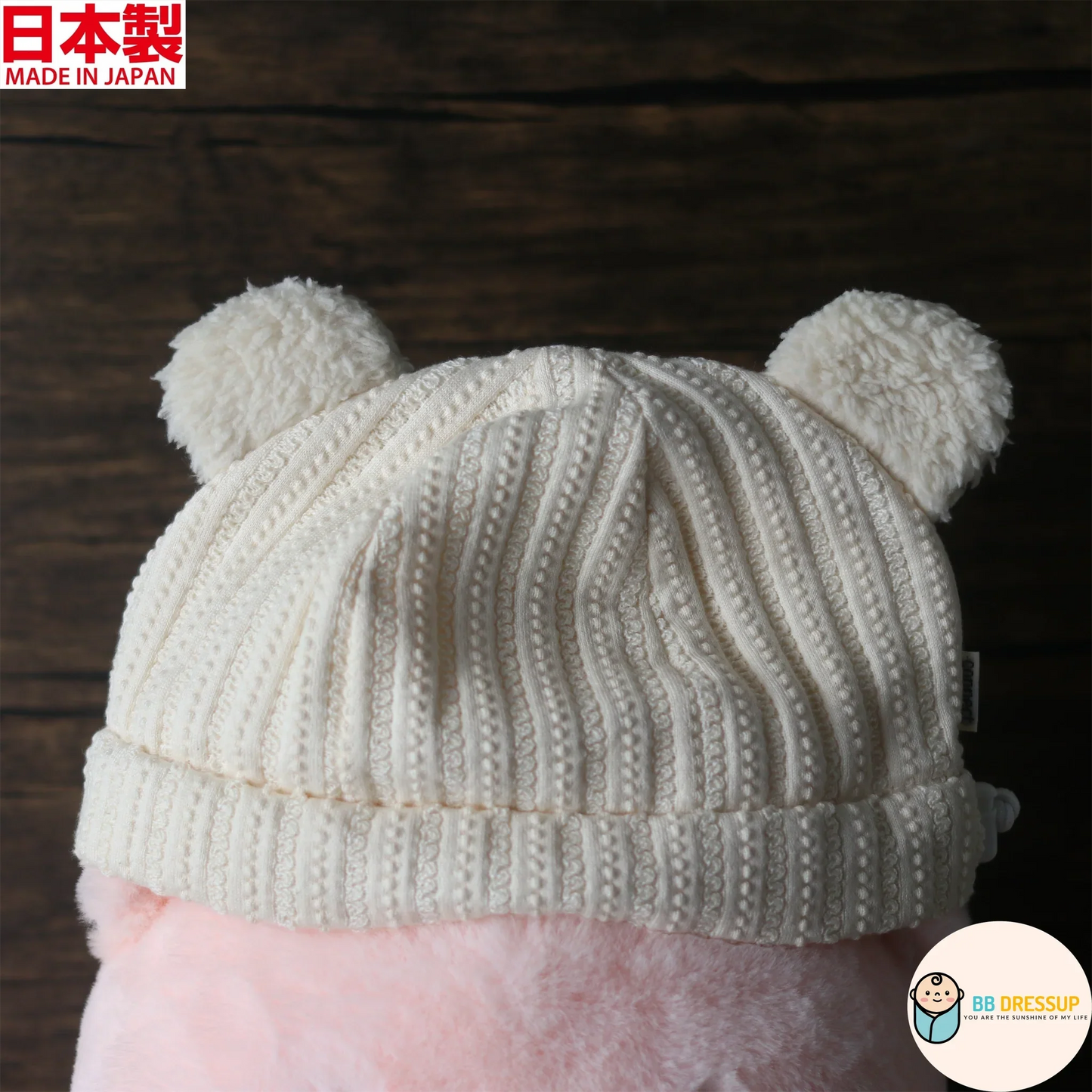 [現貨] 日本製 Shapox 米白色熊耳有機棉蕾絲針織紋嬰幼兒帽 - BB Dressup
