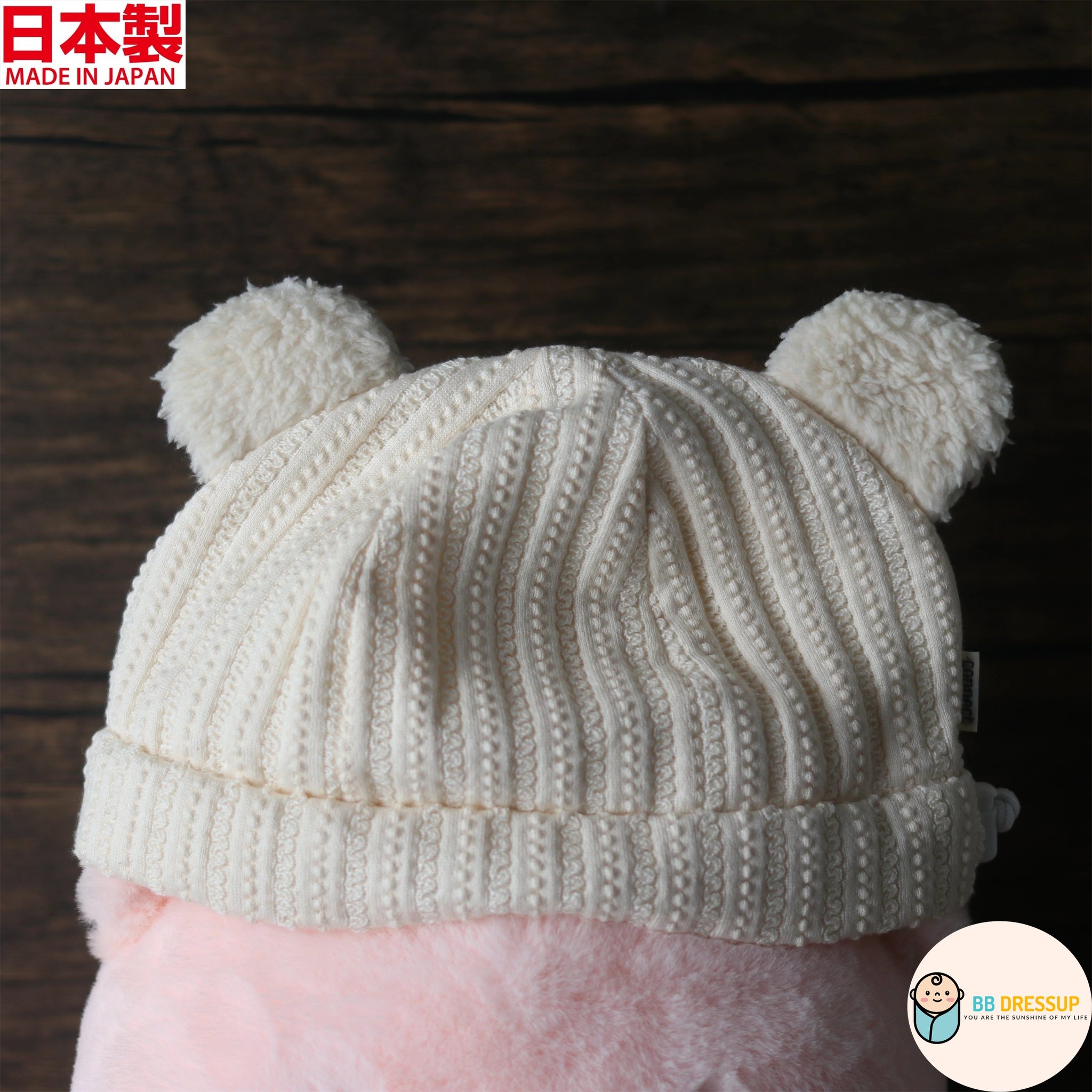 [現貨] 日本製 Shapox 米白色熊耳有機棉蕾絲針織紋嬰幼兒帽 - BB Dressup