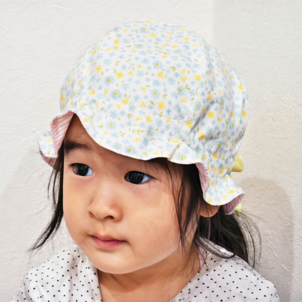 [現貨] 日本製 Shapox防紫外線粉紅色蝴蝶結碎花嬰幼兒帽 - BB Dressup