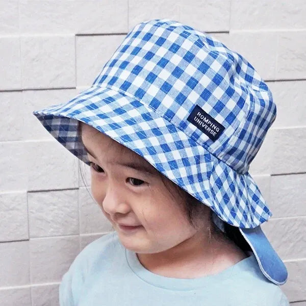 [現貨] 日本製 Shapox防紫外線 嬰幼兒 藍色格仔遮陽防護帽  (防UV/下巴綁帶) (54cm)