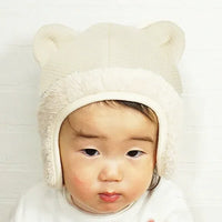 [現貨] 日本製 Shapox 米白色熊耳毛毛有機棉嬰幼兒帽 - BB Dressup