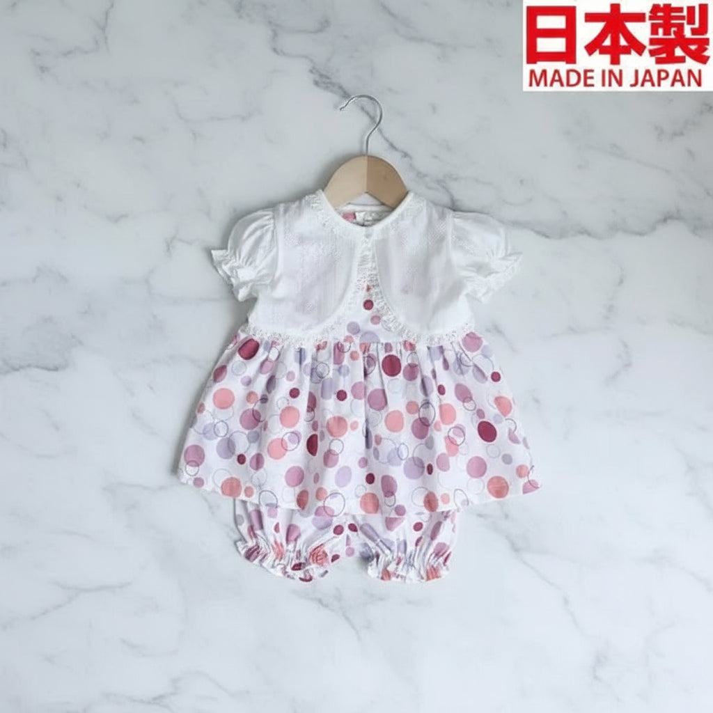 [現貨] 日本製Three Arrorw白色純棉上衣束腰外套波點燈籠褲 (三件裝) - BB Dressup