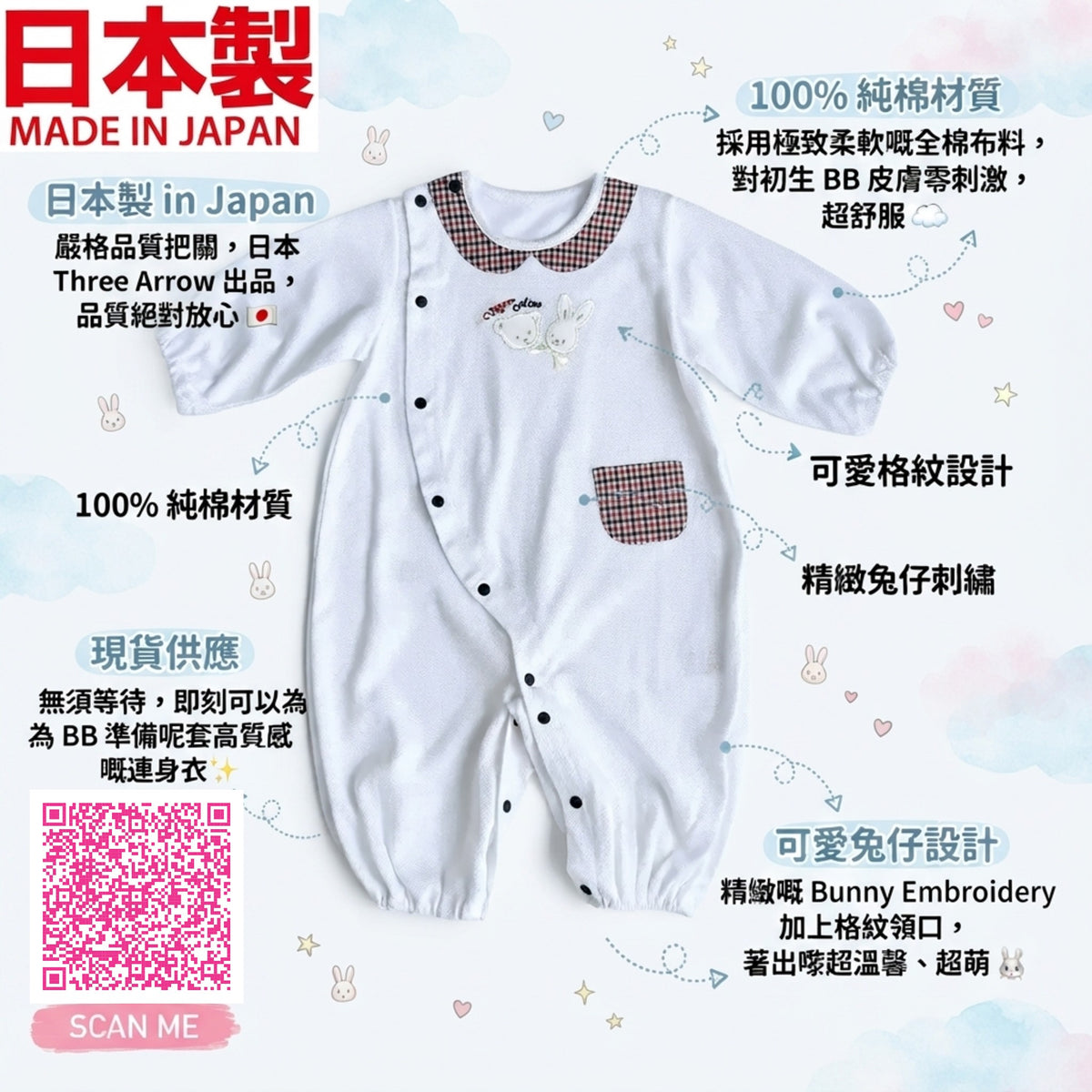 Three Arrows 日本製初生嬰兒藍色兔仔全棉連身衣正面展示