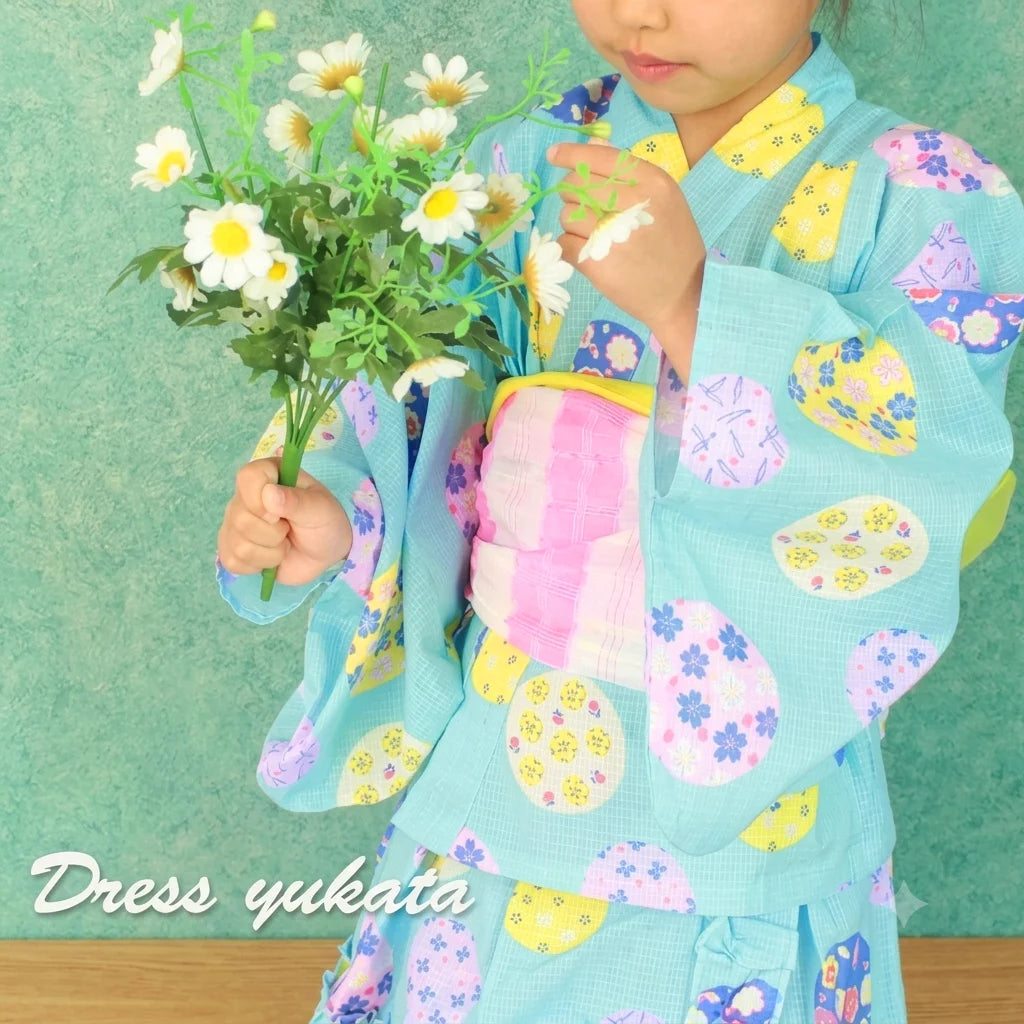 [現貨] 日本直送Unicocon 女童藍色繡球花日本和服浴衣套裝 - BB Dressup