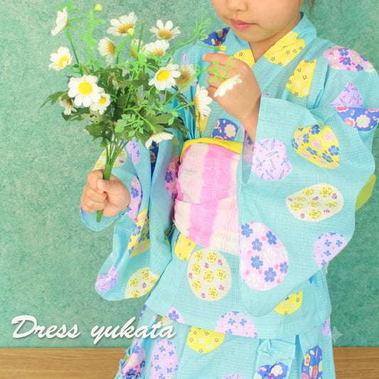 [現貨] 日本直送Unicocon 女童藍色繡球花日本和服浴衣套裝 - BB Dressup