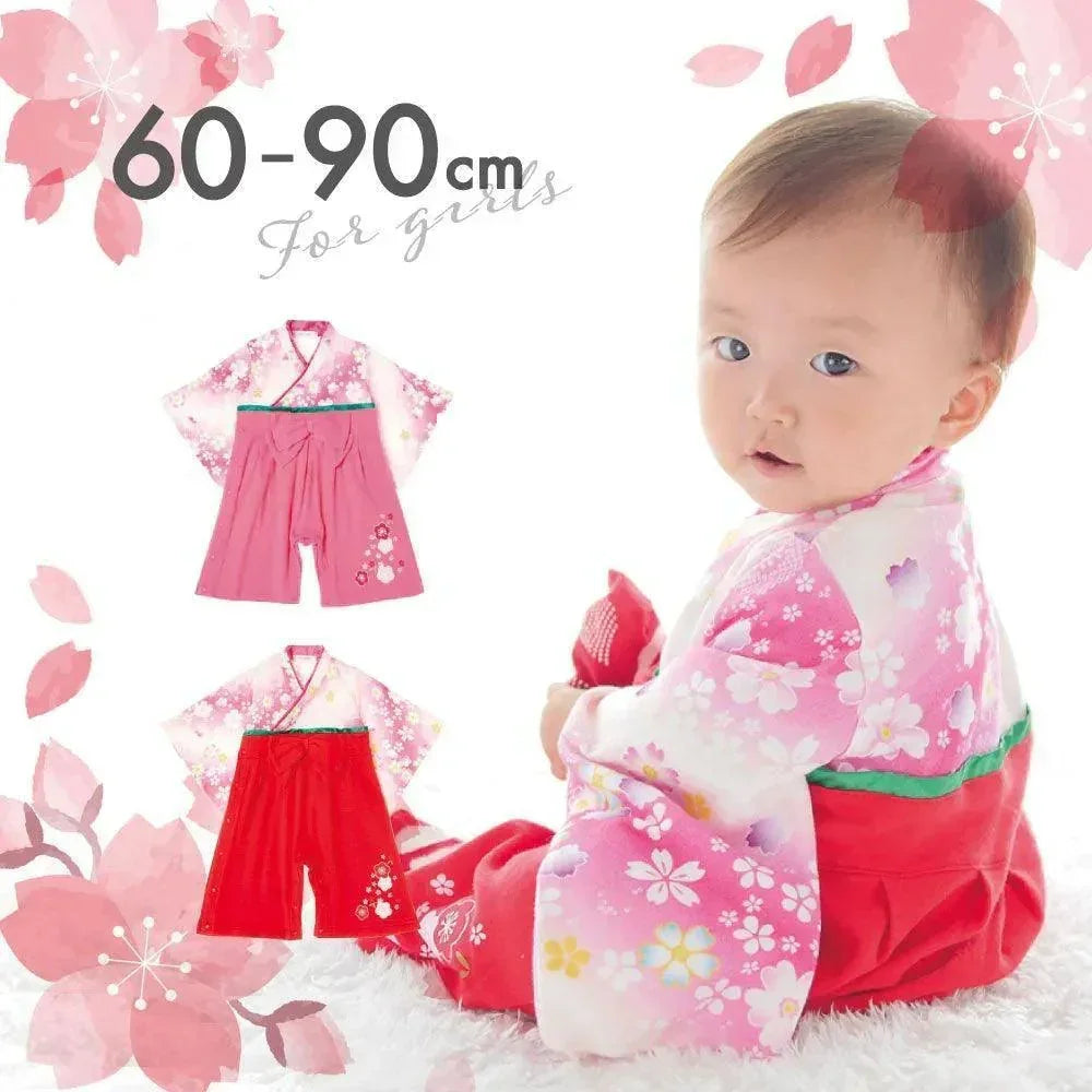 [現貨] 日本直送 Aenak 女童裝紅色櫻花日本和服連身衣 (80-90cm) - BB Dressup