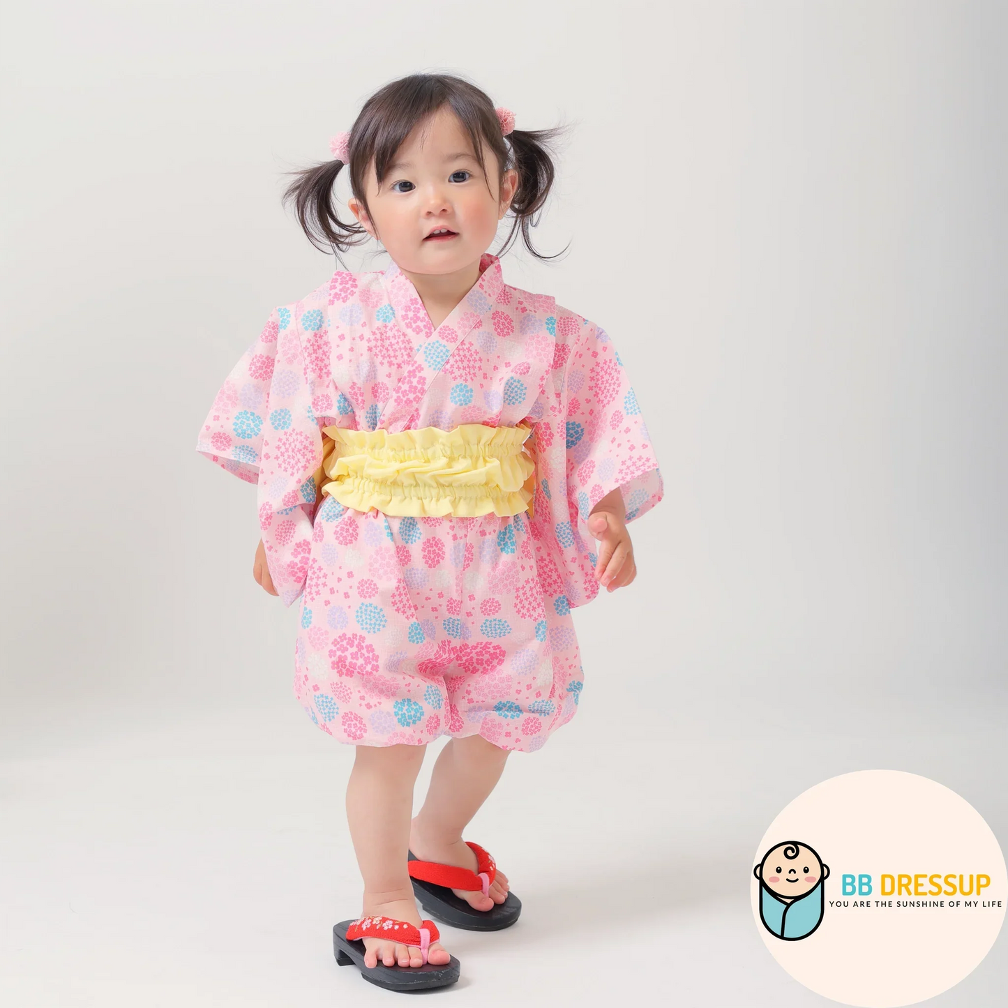 [現貨] 日本直送 Aenak 嬰兒深紅色繡花球日本和服浴衣連腰帶套裝 (80-100cm) - BB Dressup